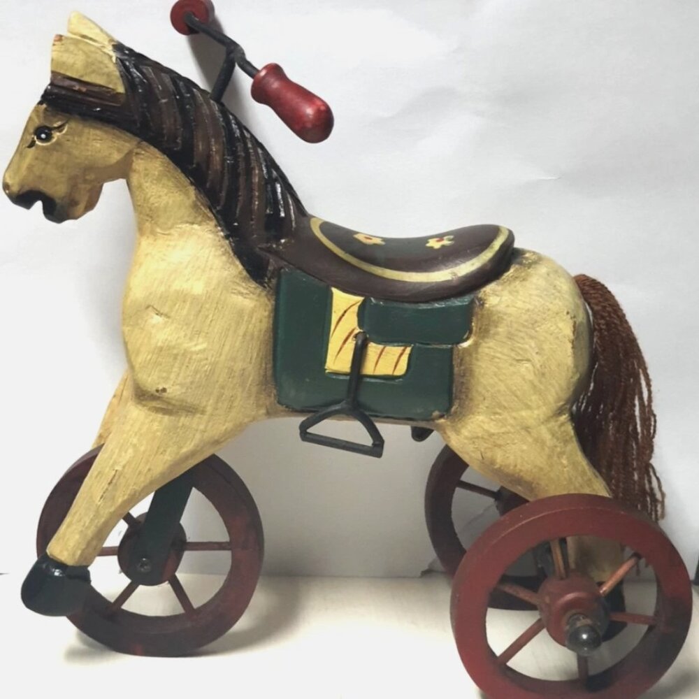 Vintage Hand-Carved Wooden Horse Tricycle Figurine 14in Decor